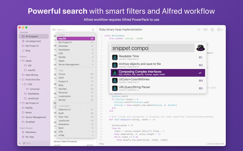 Powerful search with smart filters and Alfred workflow