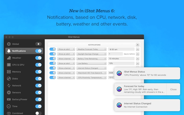 New in iStat Menus 6: Notifications, based on CPU, network, disk, battery, weather and other events.