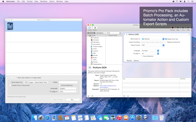 Primo's Pro Pack includes Batch Processing, an Automator Action and Custom Export Scripts