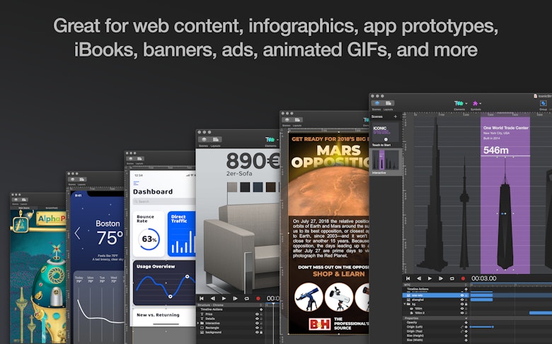 Great for web content, infographics, app prototypes, iBooks, banners, ads, animated GIFs, and more