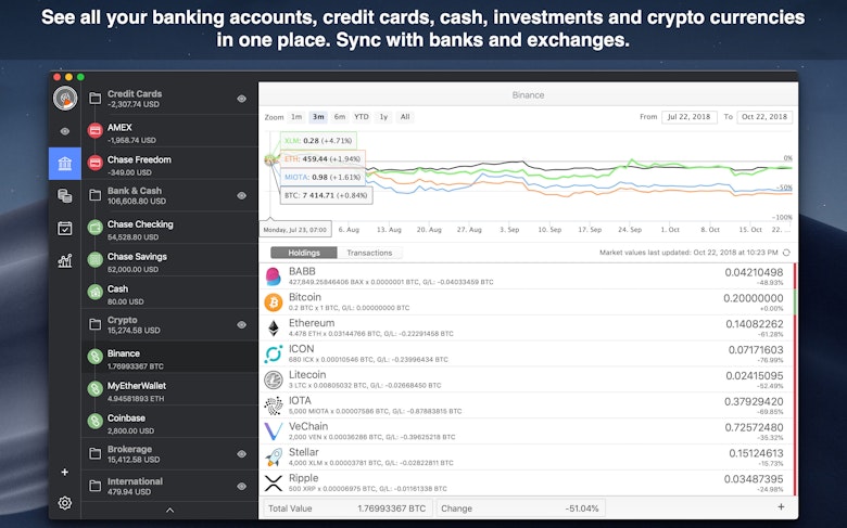 See all your banking accounts, credit cards, cash, investments and crypto currencies in one place. Sync with banks and exchanges.