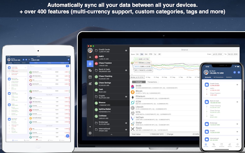 Automatically sync all your data between all your devices. + over 400 features (multi-currency support, custom categories, tags and more)