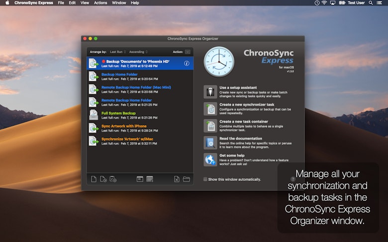 Manage all your synchronization and backup tasks in the ChronoSync Express Organizer window.