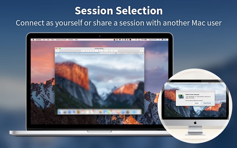 Bildschirmauswahl – Stelle eine Verbindung mit dem eigenen Account her oder starte eine Sitzung mit einem anderen Mac-Benutzer.
