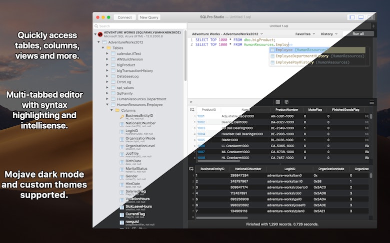 Quickly access tables, columns, views and more.  Multi-tabbed editor with syntax highlighting and IntelliSense.  Mojave dark mode and custom themes supported.