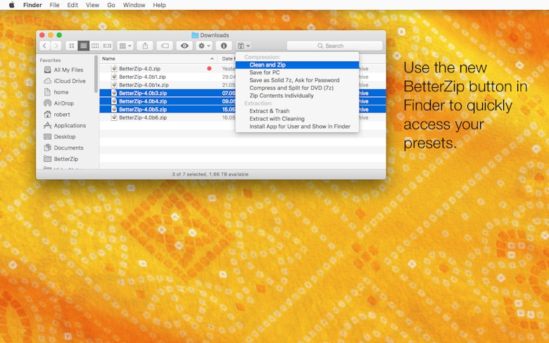 Use o novo botão do BetterZip no Finder para acessar pré‑ajustes rapidamente.