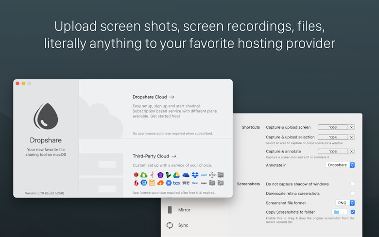 Upload screen shots, screen recordings, files, literally anything to your favorite hosting provider