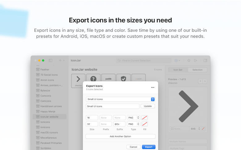 Export icons in the sizes you need