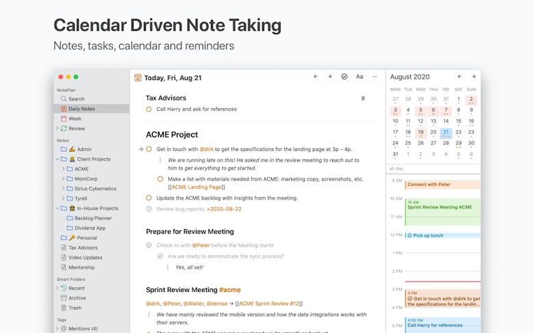 Calendar Driven Note Taking. Notes, tasks, calendar and reminders