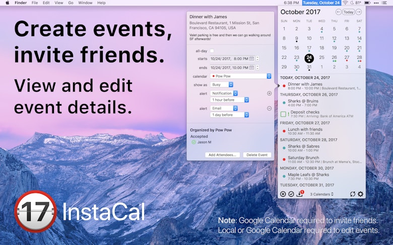 Create events, invite friends. View and edit event details.