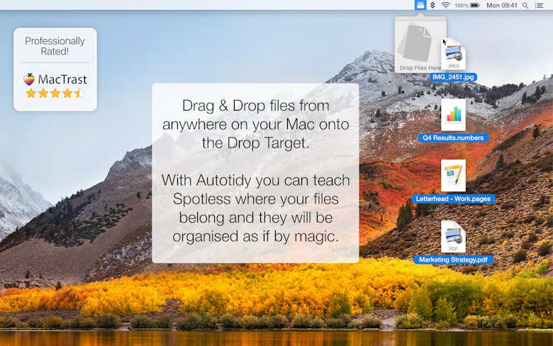 Drag & Drop files from anywhere on your Mac onto the Drop Target. With Autotidy you can teach Spotless where your files belong and they will be organised as if by magic.