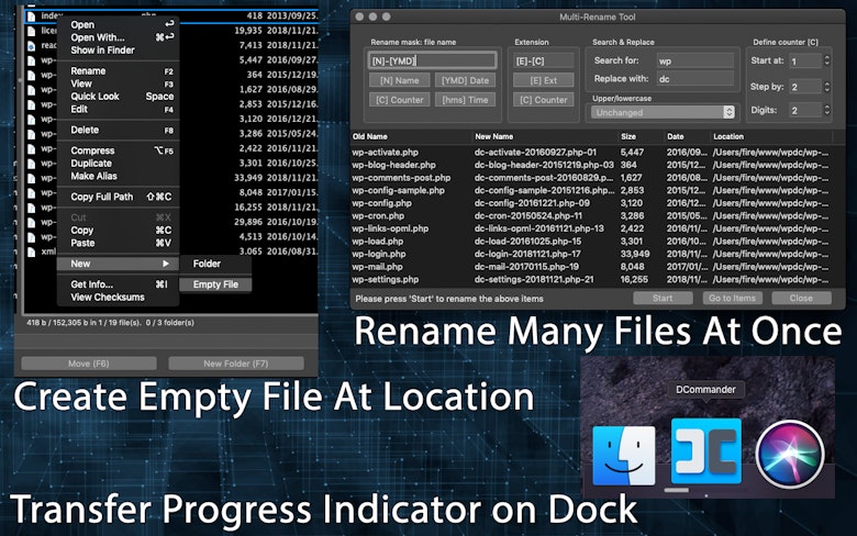 Rename many files at once; Create empty file at location; Transfer progress indicator on Dock