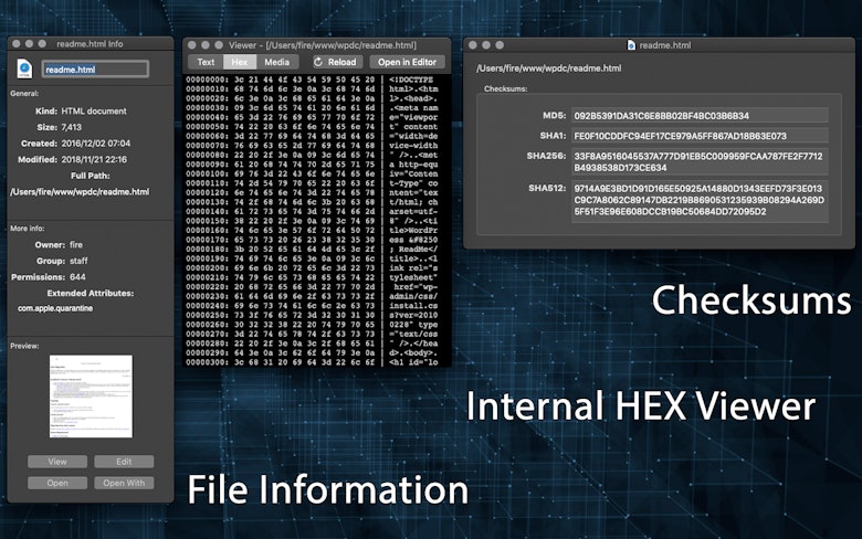 File Information; Internal HEX Viewer; Checksums