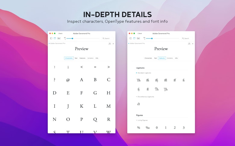 In-depth details. Inspect characters, OpenType features and font info