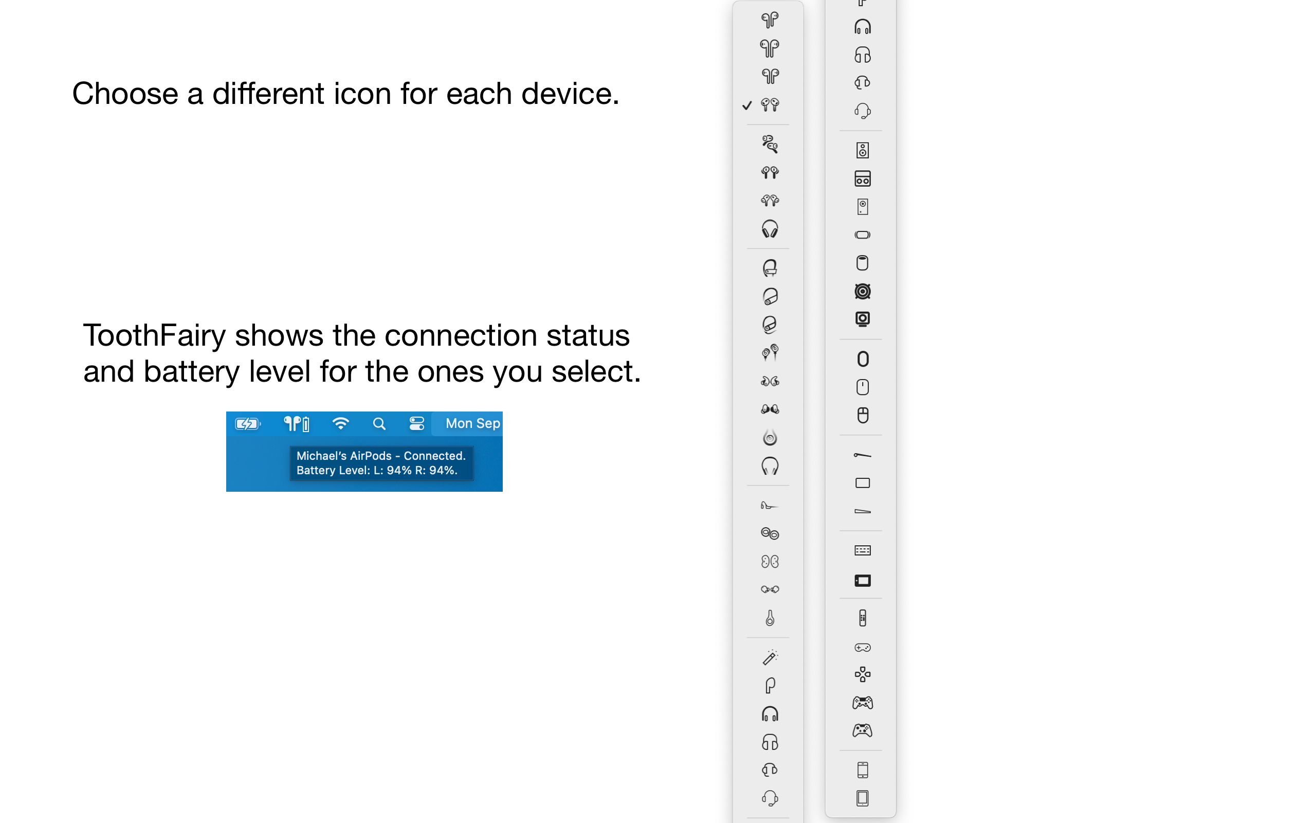 ToothFairy menu bar customization options