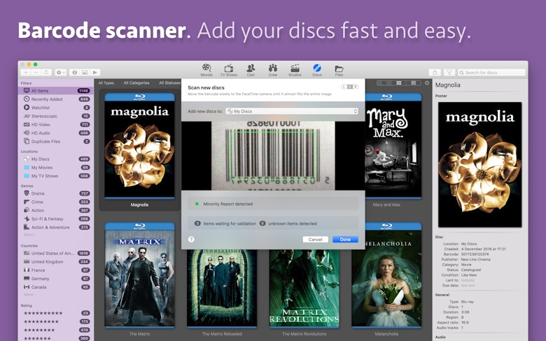 Barcode scanner. Add your discs fast and easy.