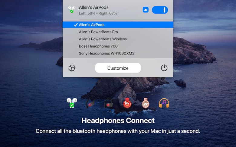 Connect all the bluetooth headphones with your Mac in just a second.