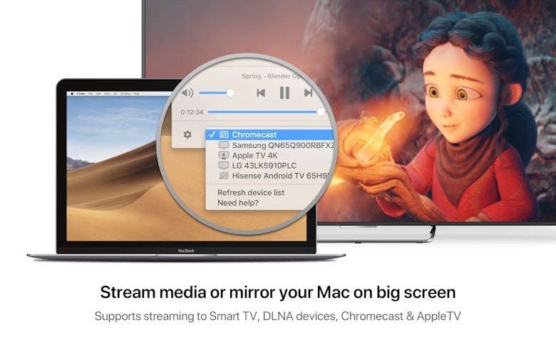 Stream media or mirror your Mac on big screen. Supports streaming to Smart TV. DLNA devices, Chromecast & Apple TV