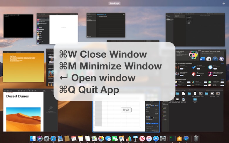 ⌘W Close Window, ⌘M Minimize Window, ↩Open window, ⌘Q Quit App