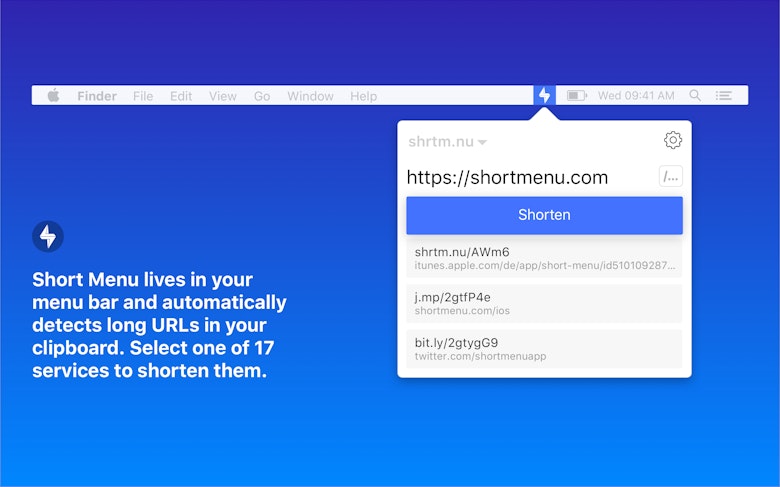 Short Menu lives in your menu bar and automatically detects long URLs in your clipboard. Select one of 17 services to shorten them.