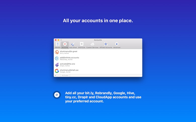 All your accounts in one place. Add all your bit.ly, Rebrandly, Google, Hive, tiny.cc, Droplr and CloudApp accounts and use your preferred account.