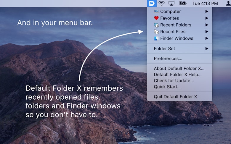 Default Folder X remembers recently opened files, folders and Finder windows so you don't have to.