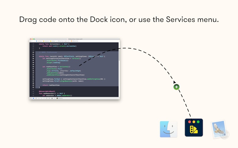 Drag code onto the Dock icon, or use the Services menu.