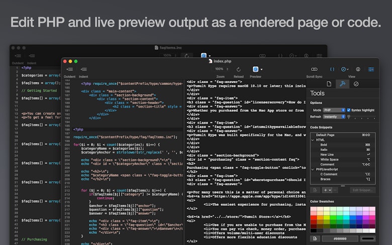 Edit PHP and live preview output as a rendered page or code.