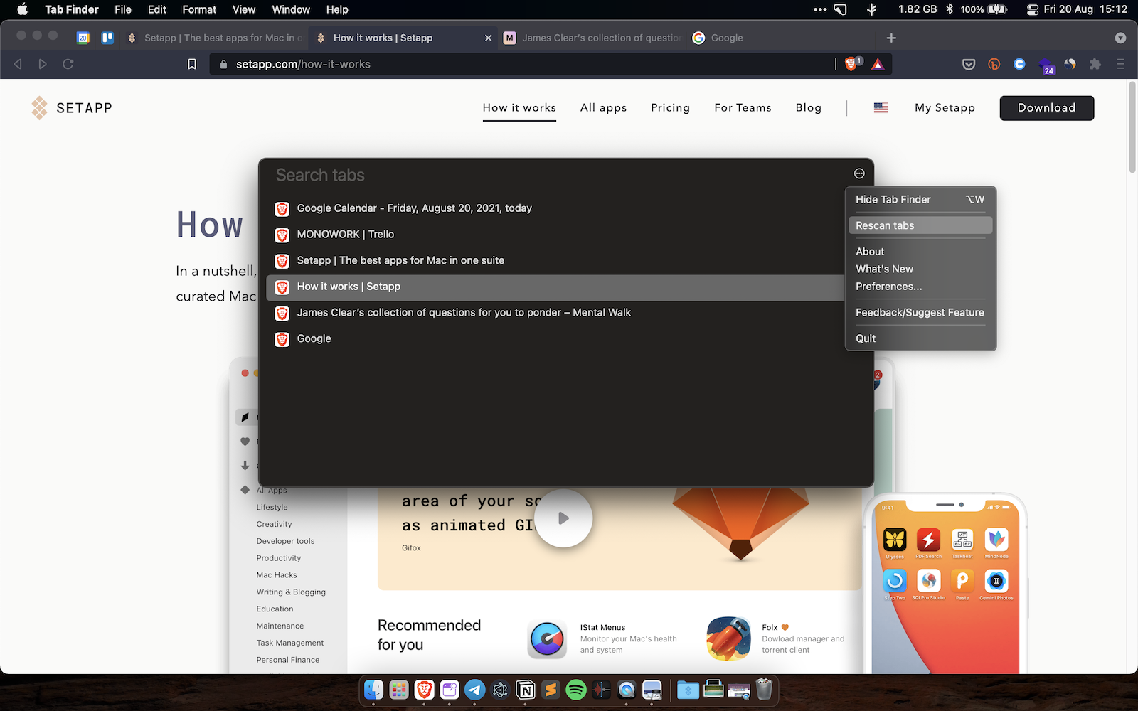 Tab Finder’s light theme option showcasing tab list
