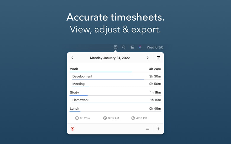 Accurate timesheets. View, adjust & export.