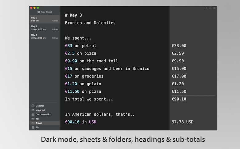 Dark mode, sheets & folders, headings & sub-totals