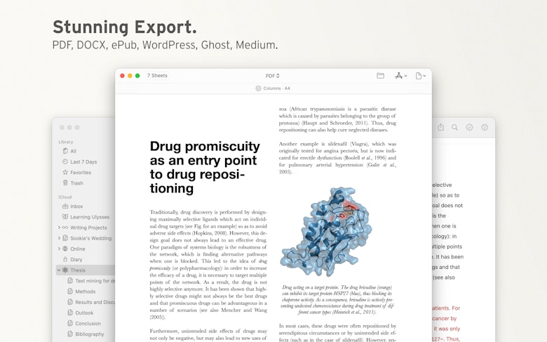 Stunning Export. PDF. DOCX, ePub, WordPress, Ghost, Medium.