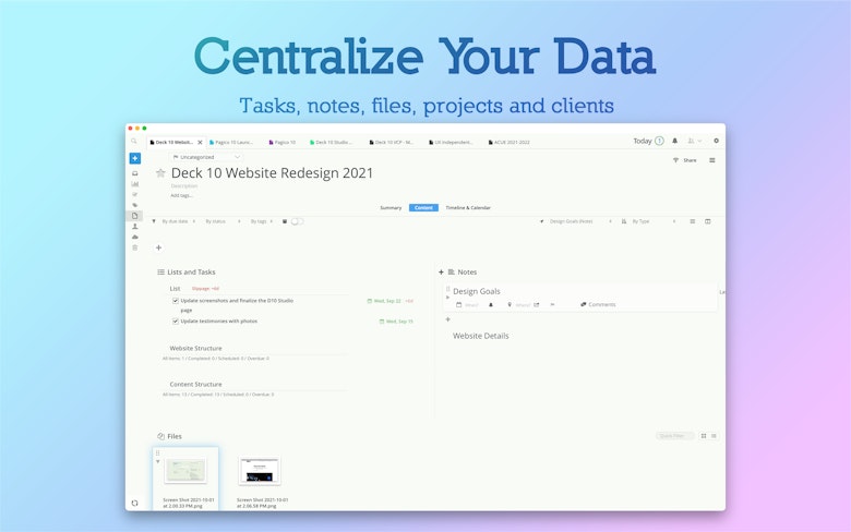 Centralize Your Data. Tasks, notes, files, projects and clients