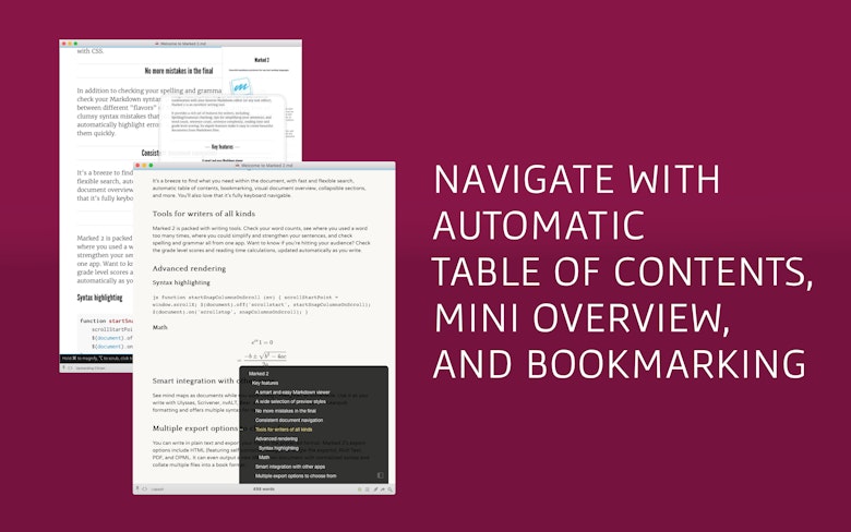Navigate with automatic table of contents, mini overview, and bookmarking.
